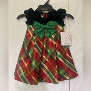 Bonnie Baby Festive Plaid Dress with Green Bow